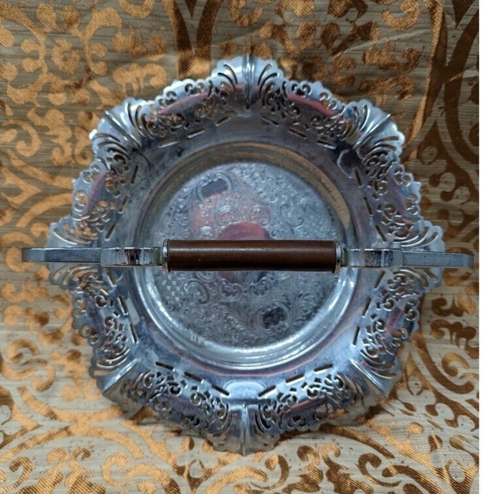Vintage Farber Bros Krome Kraft Silverplate Bon Bon Tray Wood Handle Pierced Rim